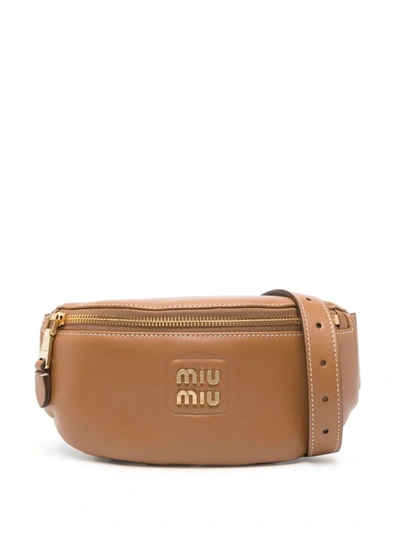 Shop Miu Miu Logo-lettering Leather Belt Bag In Caramel