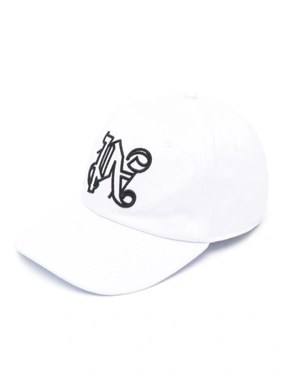 Shop Palm Angels Monogram-embroidered Cotton Cap In White Black