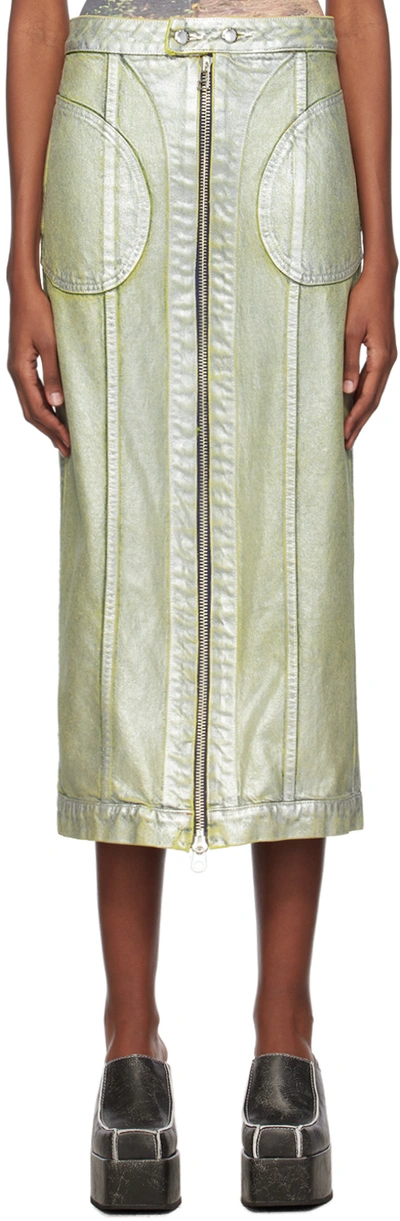 Shop Eckhaus Latta Silver Zip Denim Midi Skirt In Sterling