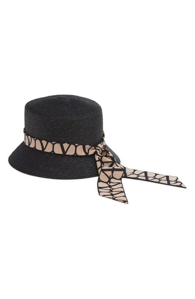 Shop Valentino Vlogo Toile Twilly Straw Bucket Hat In Y7h Nero/ Beige/ Nero