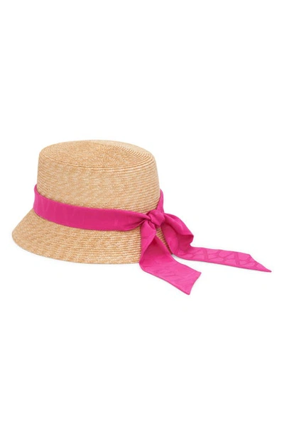 Shop Valentino Vlogo Toile Twilly Straw Bucket Hat In Yvg Naturale/ Pink Pp
