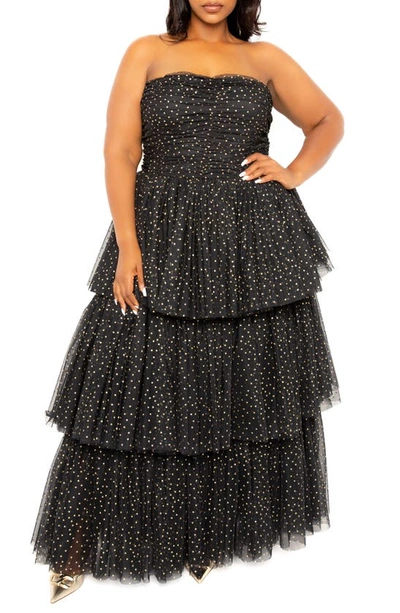 Shop Buxom Couture Metallic Polka Dot Strapless Tiered Tulle Dress In Black