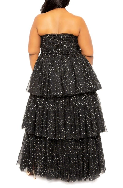 Buxom Couture Metallic Polka Dot Strapless Tiered Tulle Dress In Black