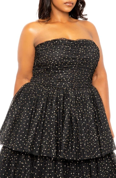 Buxom Couture Metallic Polka Dot Strapless Tiered Tulle Dress In Black