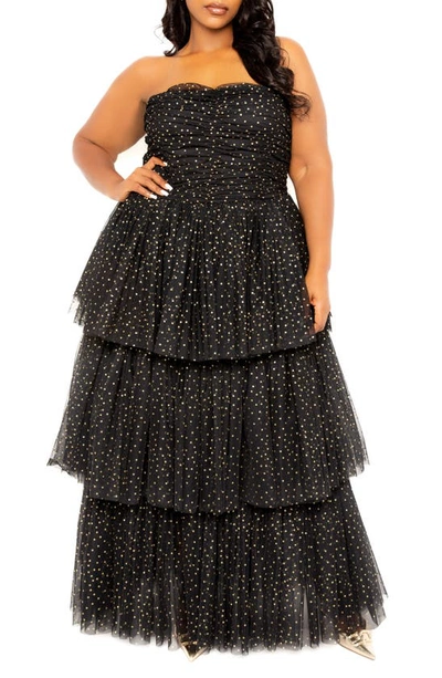 Buxom Couture Metallic Polka Dot Strapless Tiered Tulle Dress In Black
