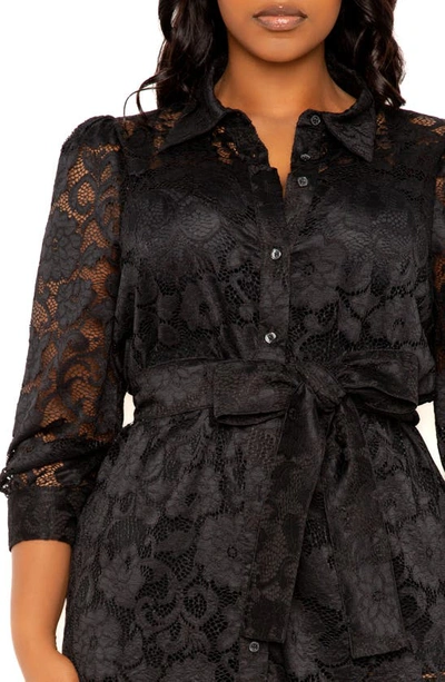 Buxom Couture Floral Tie Belt Lace Midi Shirtdress In Black