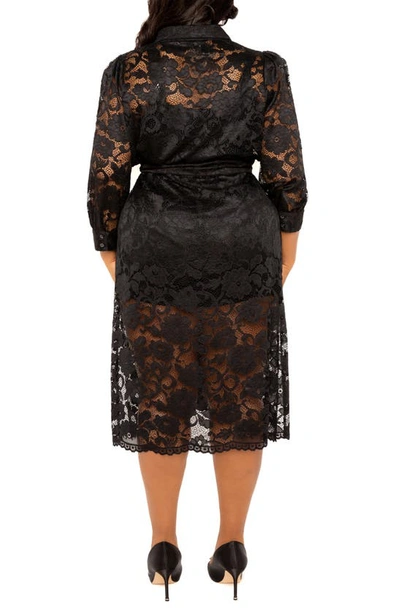 Buxom Couture Floral Tie Belt Lace Midi Shirtdress In Black