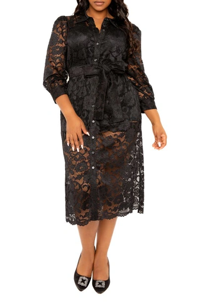 Buxom Couture Floral Tie Belt Lace Midi Shirtdress In Black