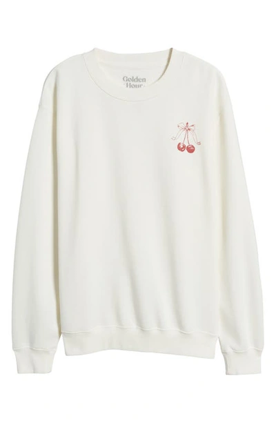 Shop Golden Hour Cherry Bow Cotton Blend Graphic Sweatshirt In Washed Marshmallow