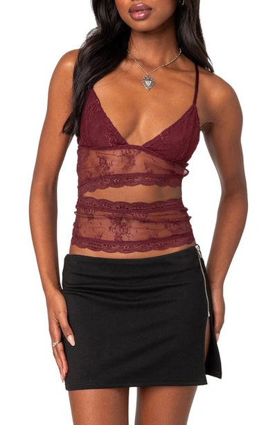 Shop Edikted Spice Cutout Sheer Lace Camisole In Burgundy