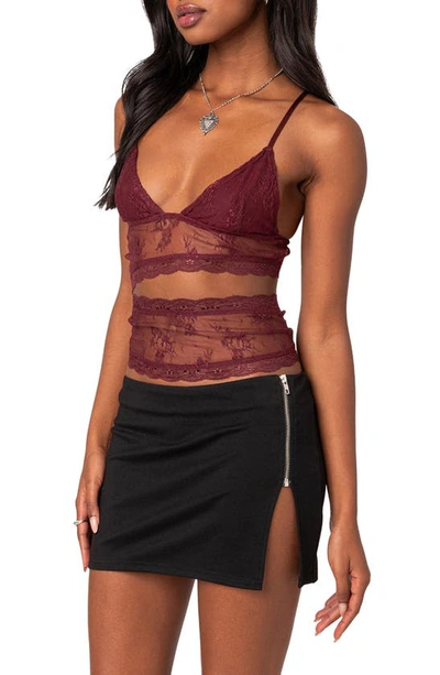 Edikted Spice Cutout Sheer Lace Camisole In Burgundy