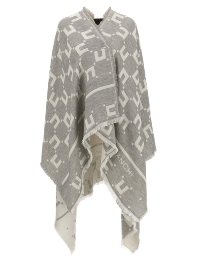 Shop Elisabetta Franchi Logo Jacquard Fine Knit Cape In Grey