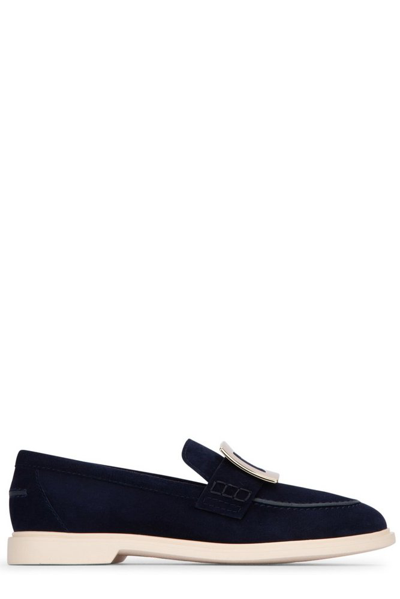 Shop Roger Vivier Buckle Detailed Round Toe Loafers In Navy