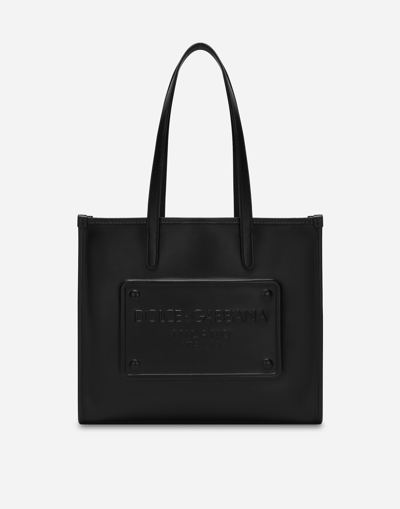 Dolce & Gabbana Calfskin Shopper With Raised Logo In ブラック
