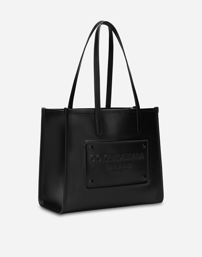 Dolce & Gabbana Calfskin Shopper With Raised Logo In ブラック