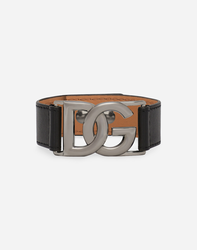 Shop Dolce & Gabbana Calfskin Bracelet With Dg Logo In ブラック