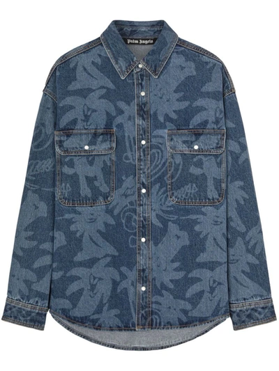 Shop Palm Angels Palmity Denim Shirt With Print In Blue