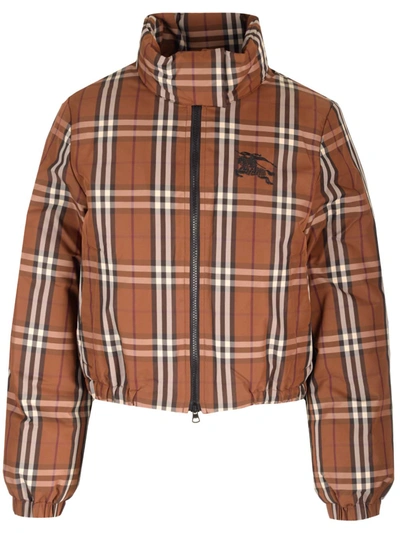 Shop Burberry Check Pattern Nylon Puffer Jacket In Brown