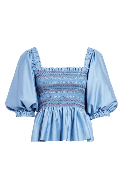 Shop Molly Goddard Marigold Embroidered Puff Sleeve Cotton Blouse In Blue