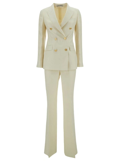 Shop Tagliatore Beige Double-breasted Suit With Golden Buttons In Linen Woman