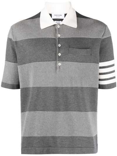 Shop Thom Browne Grey Striped 4-bar Cotton Polo Shirt