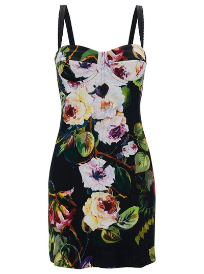 Shop Dolce & Gabbana Mini Multicolor Bustier Dress With Rose Garden Print In Viscose Woman