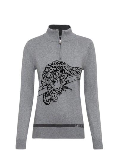Shop Golfino Leopard Instict Troyer Sweater In Grey