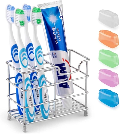 Shop Zulay Kitchen Stainless Steel Toothbrush Holders With 5 Colorful Toothbrush Cases Included In Silver