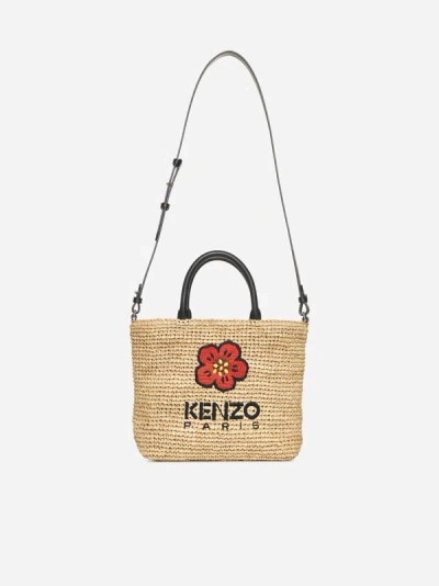 Shop Kenzo Straw Small Tote Bag In Beige