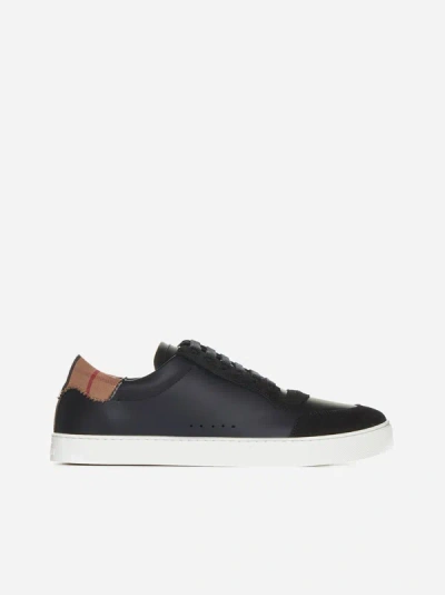 Shop Burberry Leather And Check Canvas Sneakers In Black