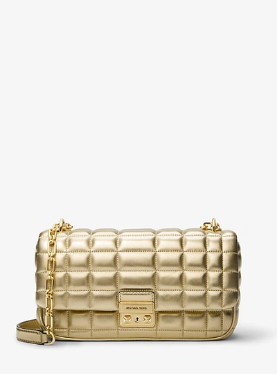 Shop Michael Kors Tribeca Large Metallic Quilted Leather Shoulder Bag In Gold