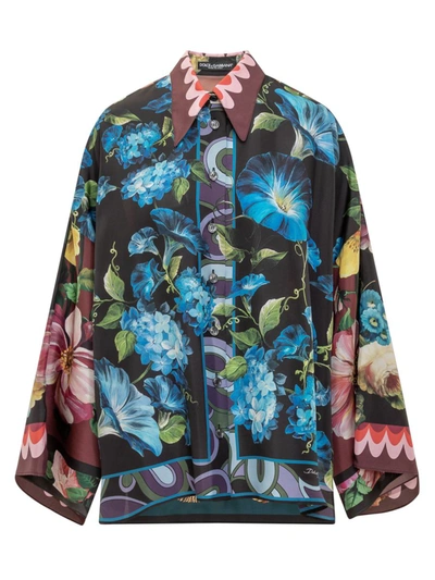 Shop Dolce & Gabbana Habotai Silk Flower Print Over Shirt In Black