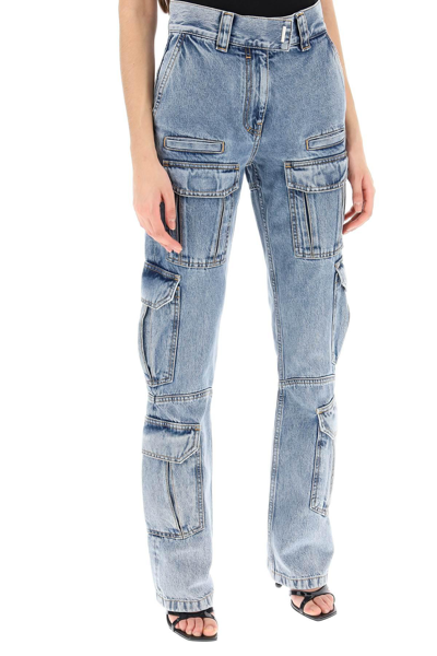 Shop Givenchy Bootcut Cargo Jeans In Light Blue
