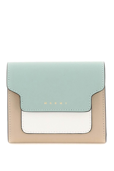 Shop Marni Bi-fold Wallet With Flap In Beige,white,green