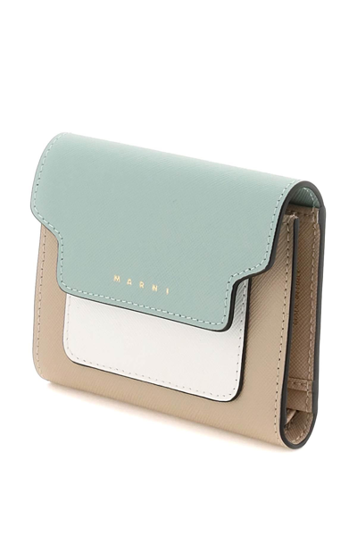 Shop Marni Bi-fold Wallet With Flap In Beige,white,green