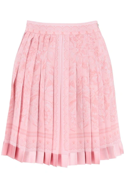 Shop Versace Barocco Pleated Mini Skirt In Pink