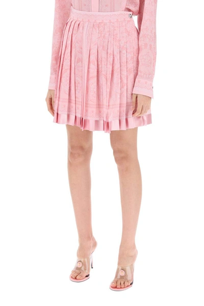 Shop Versace Barocco Pleated Mini Skirt In Pink