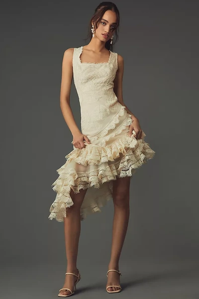 Shop Geisha Designs Square-neck Ruffled Asymmetrical Lace Dress In White
