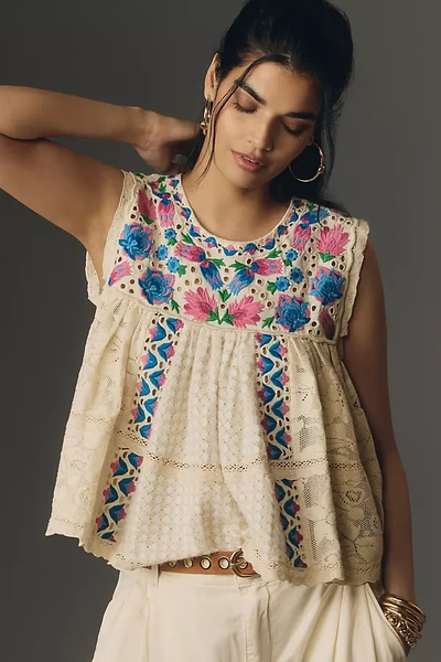 Shop Let Me Be Sleeveless Embroidered Babydoll Blouse In Multicolor