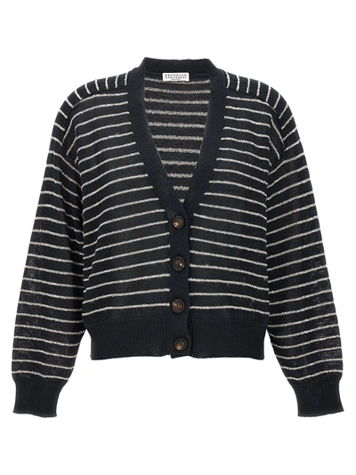 Shop Brunello Cucinelli Sequin Striped Cardigan Sweater, Cardigans Gray