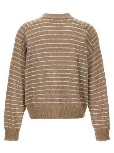 Shop Brunello Cucinelli Sequin Striped Cardigan Sweater, Cardigans Beige