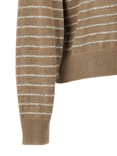 Shop Brunello Cucinelli Sequin Striped Cardigan Sweater, Cardigans Beige