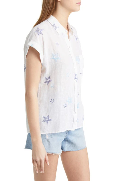 Shop Rails Whitney Star Embroidered Linen Blend Camp Shirt In White Navy Stitched Stars