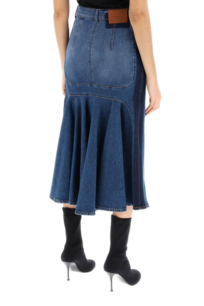 Shop Alexander Mcqueen Washed Denim Midi Skirt In Blue