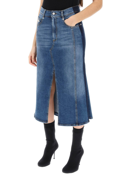 Shop Alexander Mcqueen Washed Denim Midi Skirt In Blue