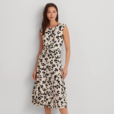 Shop Lauren Ralph Lauren Leaf-print Twist-front Jersey Dress In Cream/black
