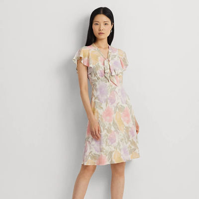 Shop Lauren Petite Floral Bubble Crepe Tie-neck Dress In Cream Multi