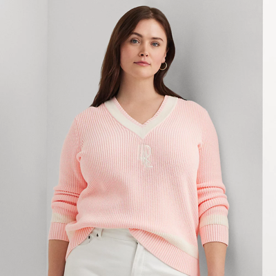 Shop Lauren Woman Rib-knit Cotton Cricket Sweater In Pink Opal/cream