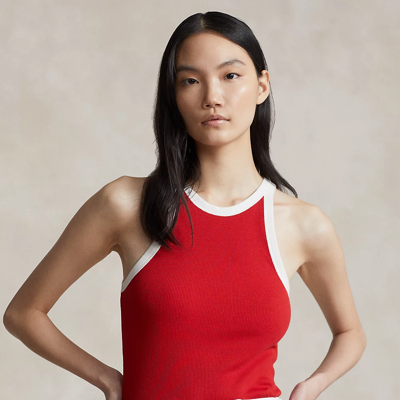 Shop Ralph Lauren Contrast-trim Ribbed Cotton Tank Top In Ruby Red/nevis