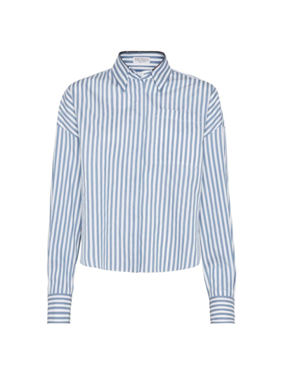 Shop Brunello Cucinelli Women's Cotton And Silk Striped Poplin Shirt With Shiny Collar In Azure